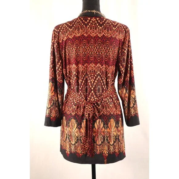 Dressbarn by women's Open Front Red & Gold Printed with Tie‎ Belt Size Medium - Picture 6 of 16